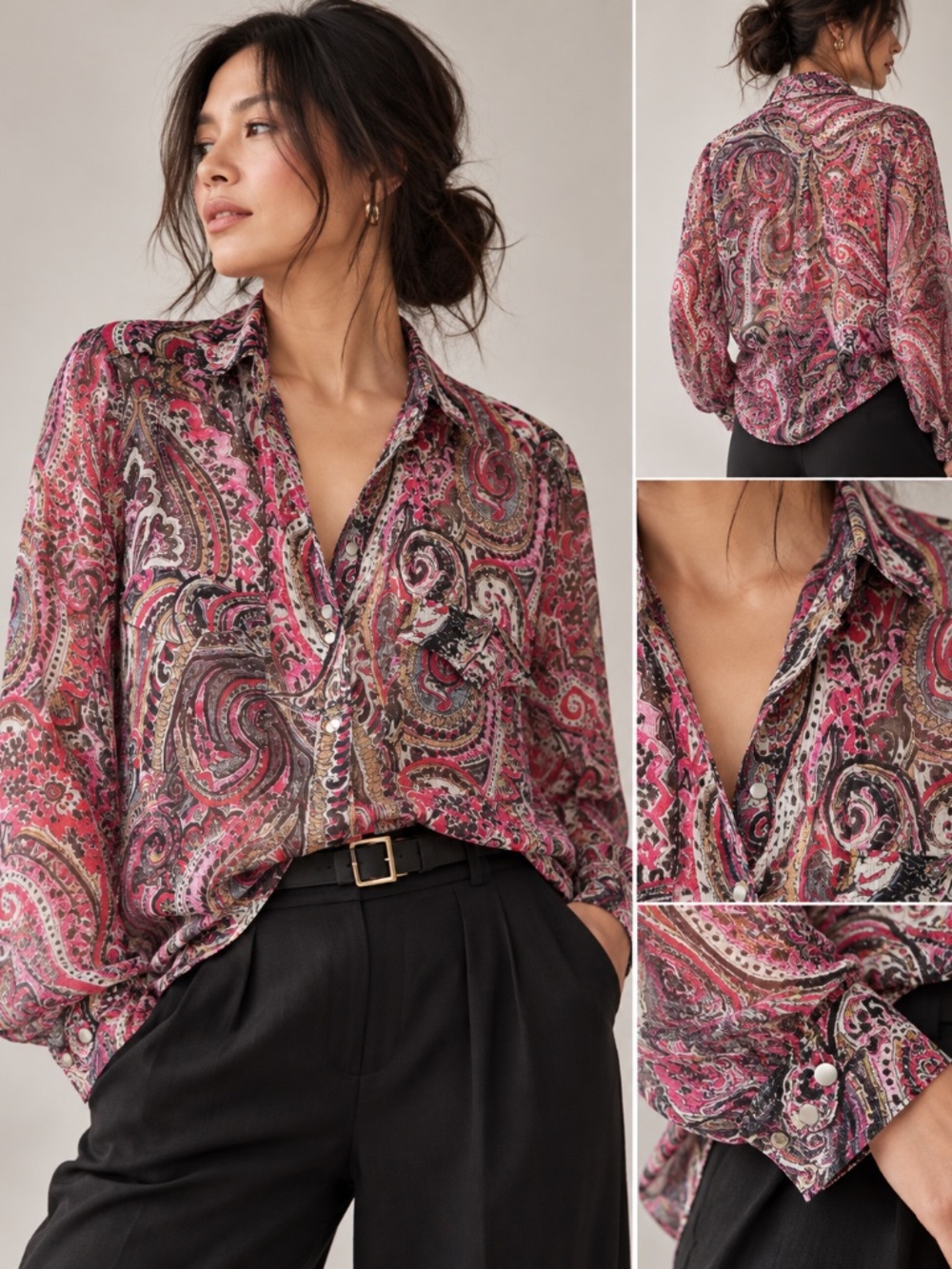 The Kooples Paisley Semi Sheer Blouse Women’s L Pink Black Button Front